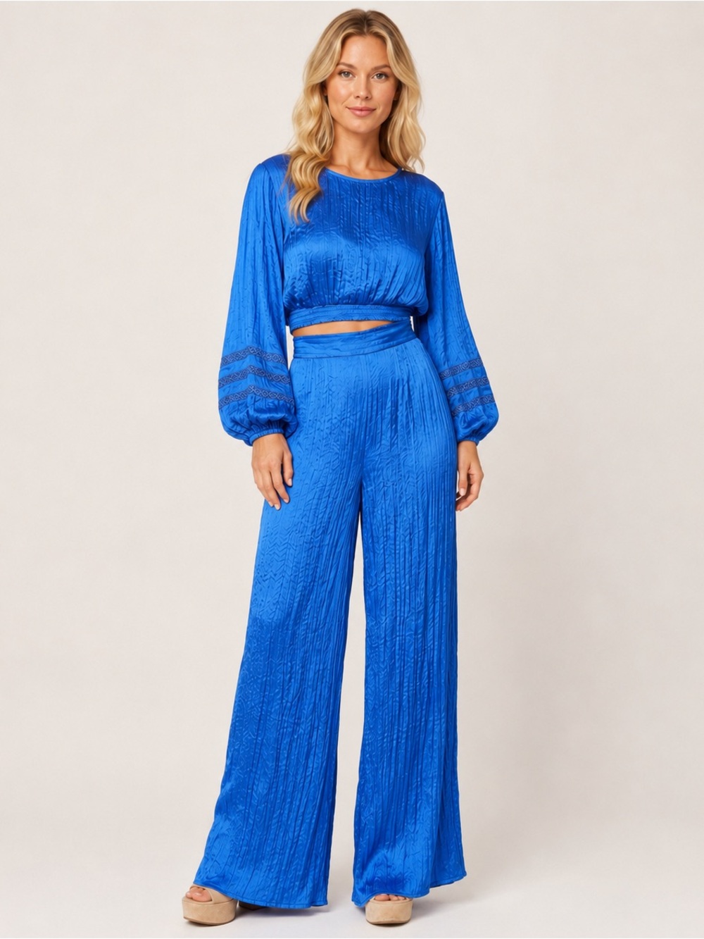 SET House of Harlow 1960- blouse / top and Wide leg pants blue flowy- size XS-S